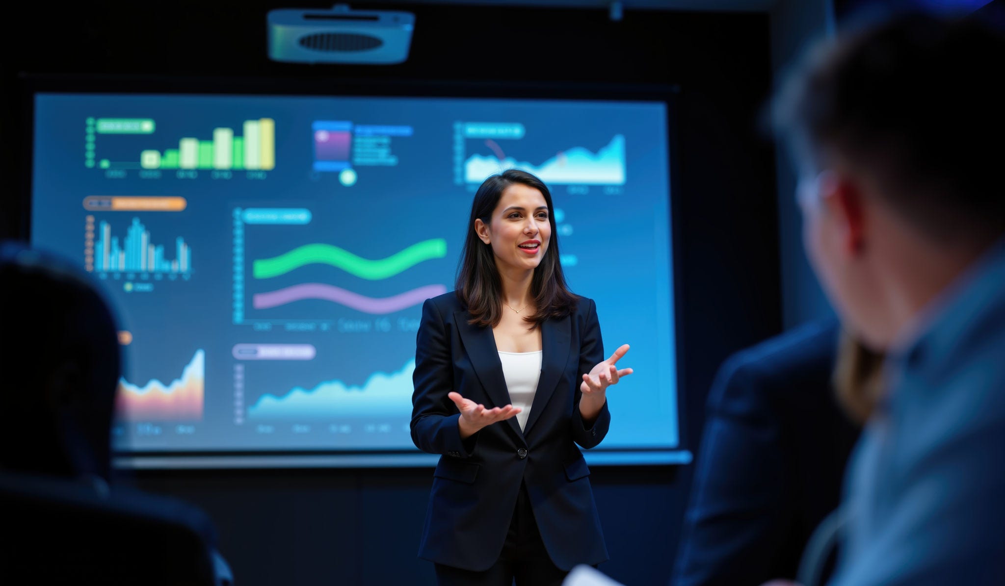 Confident Indian Female Executive Leading Presentation with Interactive Data Visuals