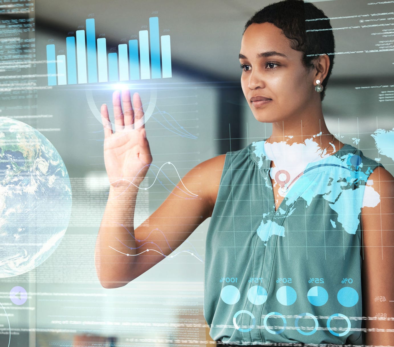Globe, finance and overlay with a business black woman using an ai or ux interface to access the metaverse of data. Digital, future and information with a female employee working on a 3d hologram.