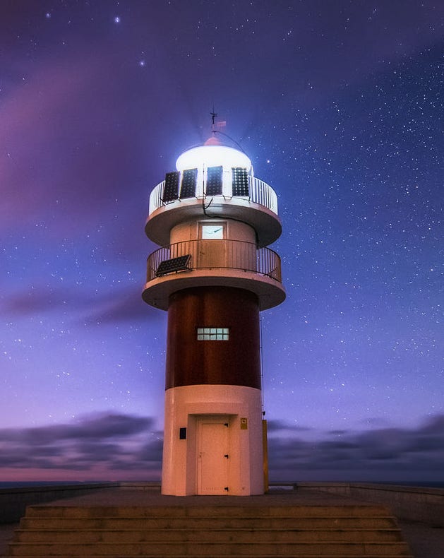 Cape Ortegal Lighthouse at night in A Coruña, Galicia, Spain.