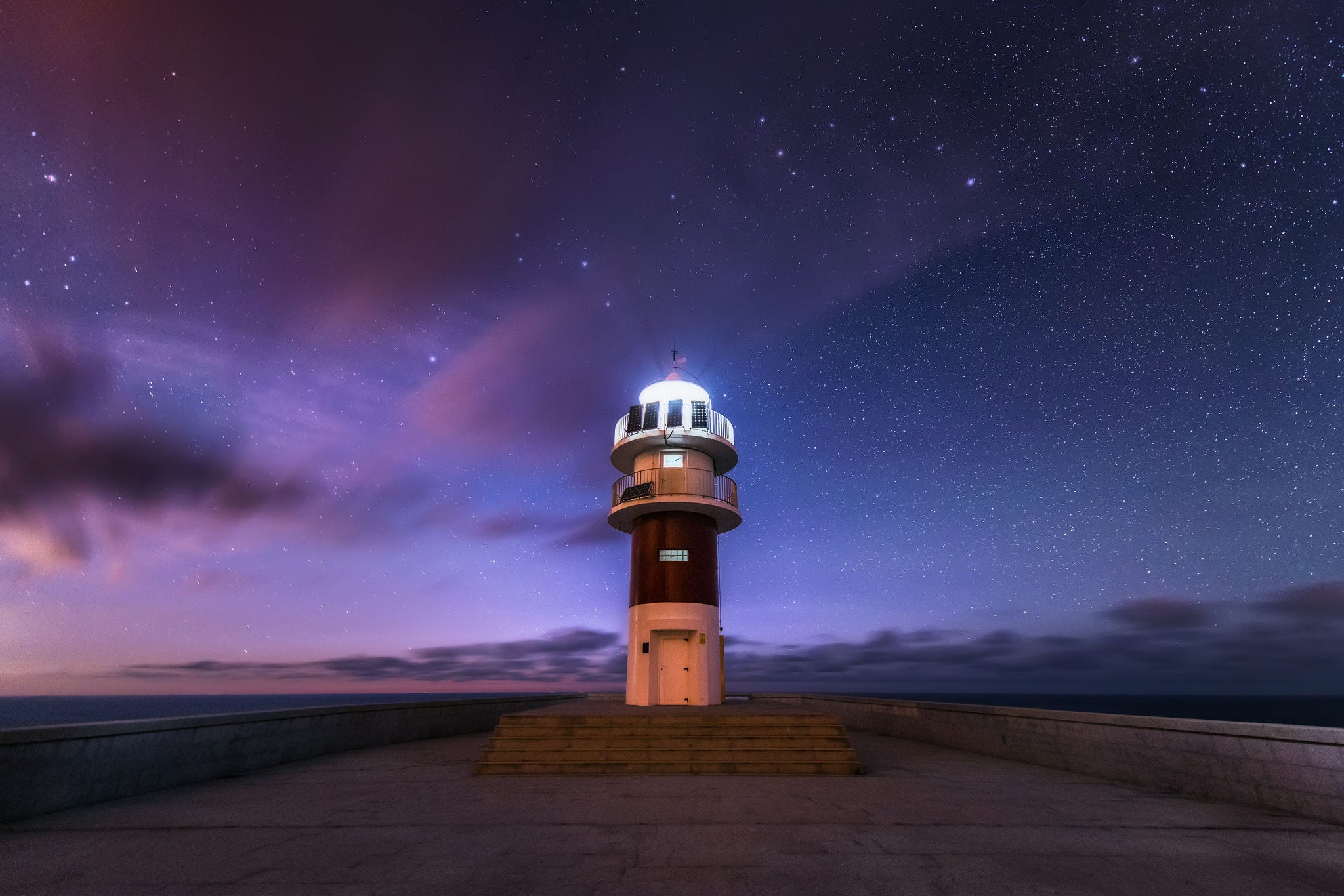 Cape Ortegal Lighthouse at night in A Coruña, Galicia, Spain.