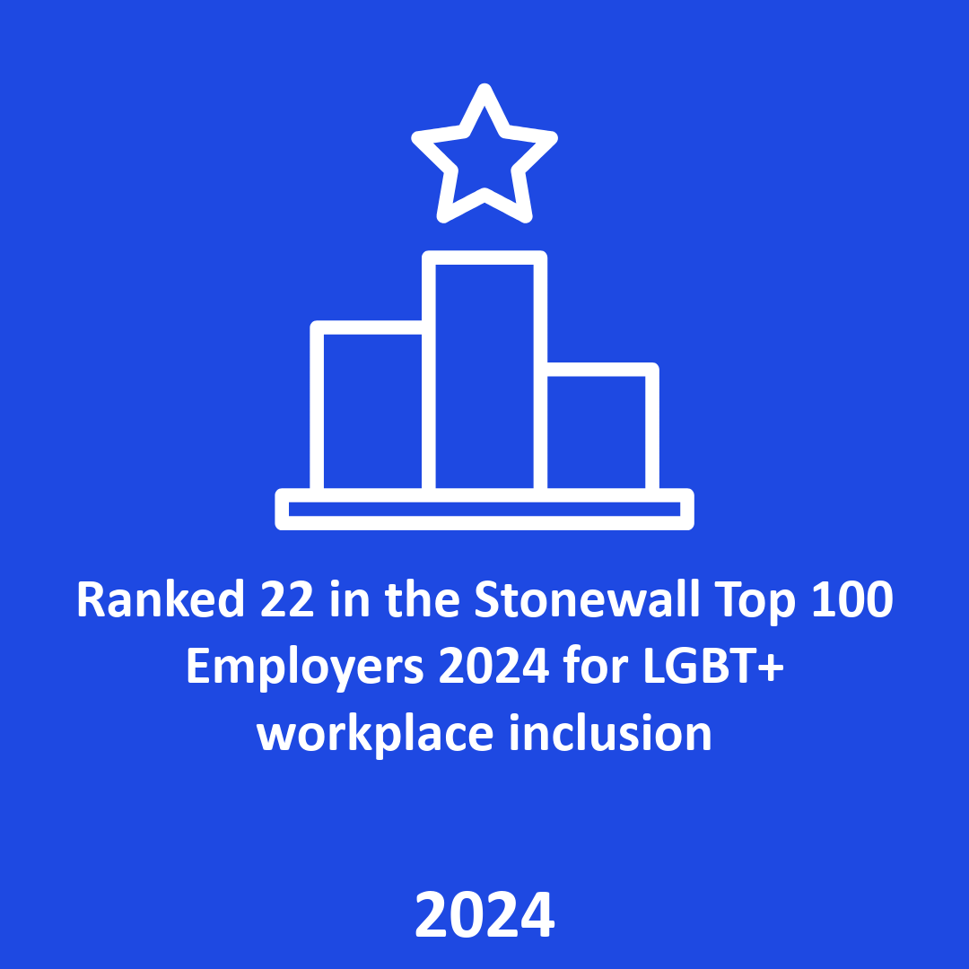 Ranked 22 in the Stonewall Top 100 Employers 2024 for LGBT+ workplace inclusion – 2024