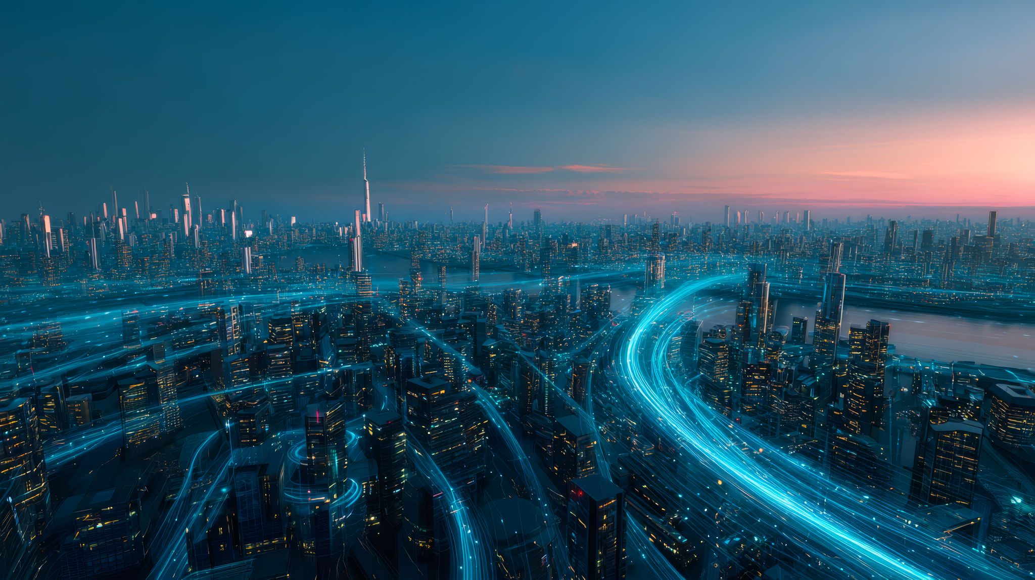 ultra wide shot of a modern city with streams of blue data moving through it, dusk with pinky orange hues on the horizon, cinematic lighting, ultra-realistic, highly detailed, dynamic composition, vibrant colors, sharp focus --ar 16:9 --v 7 Job ID: 60811e5e-28b4-4aa7-be0f-2f0e6c9df22f