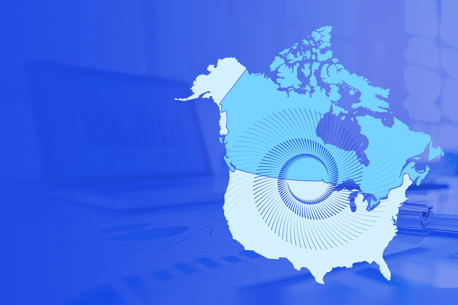 Trade and tariffs map of North America with Canada in light blue and swirl