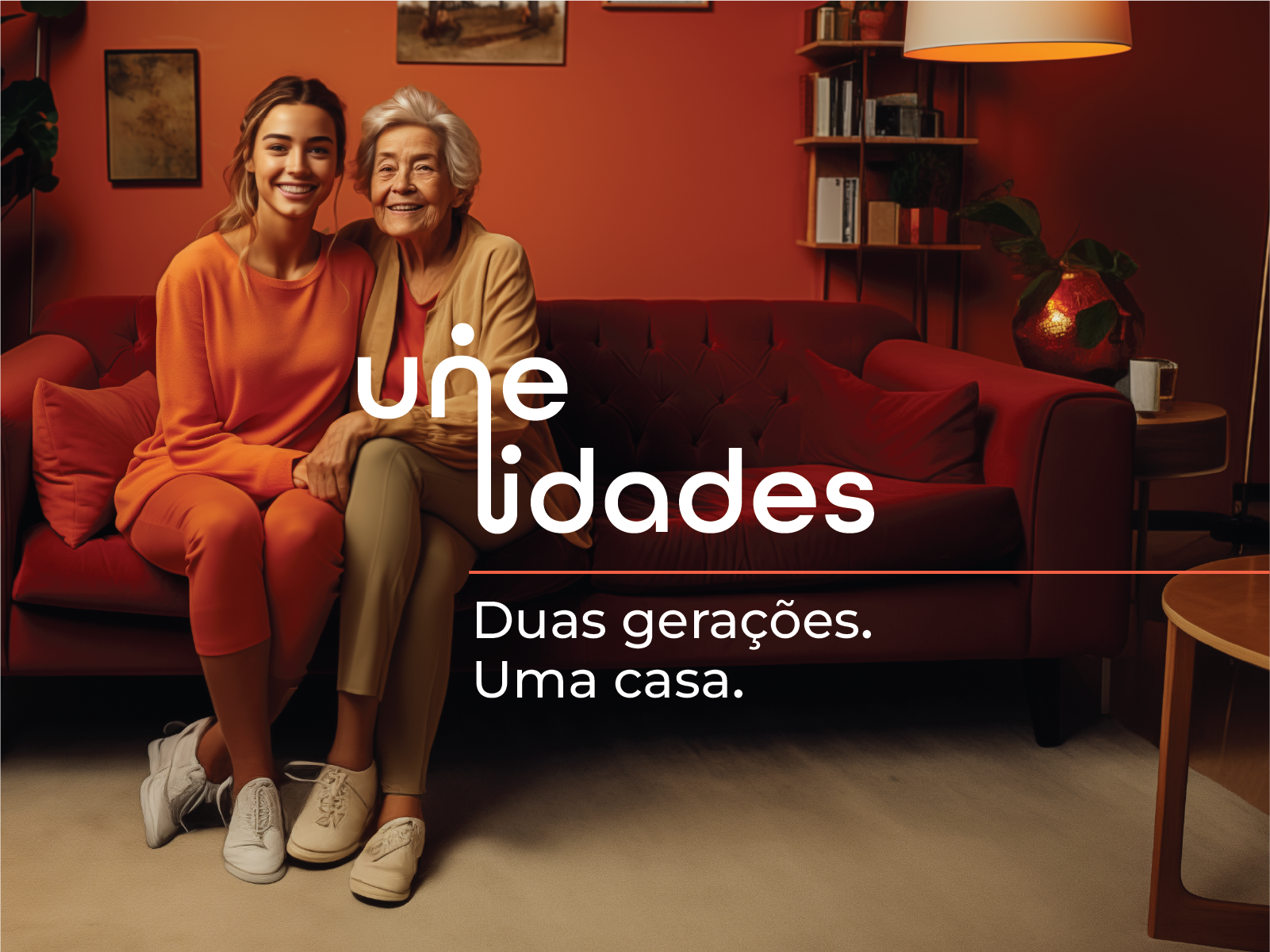 uma senhora idosa e uma jovem. Logo Une idades. Duas gerações e uma casa