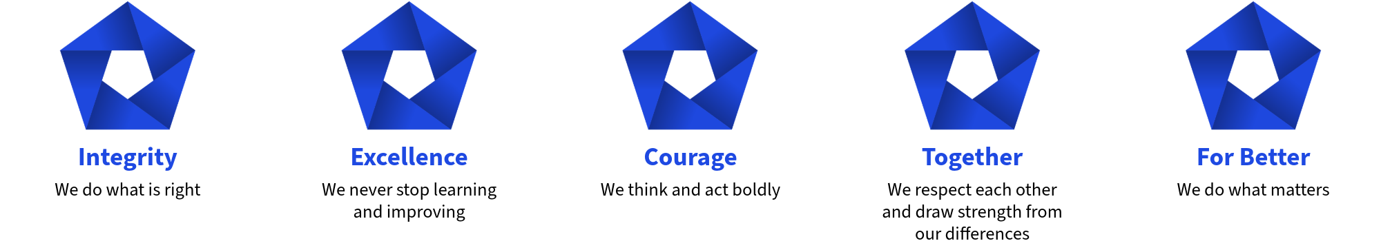 Our values - Integrity, Excellence, Courage, Together, and For Better