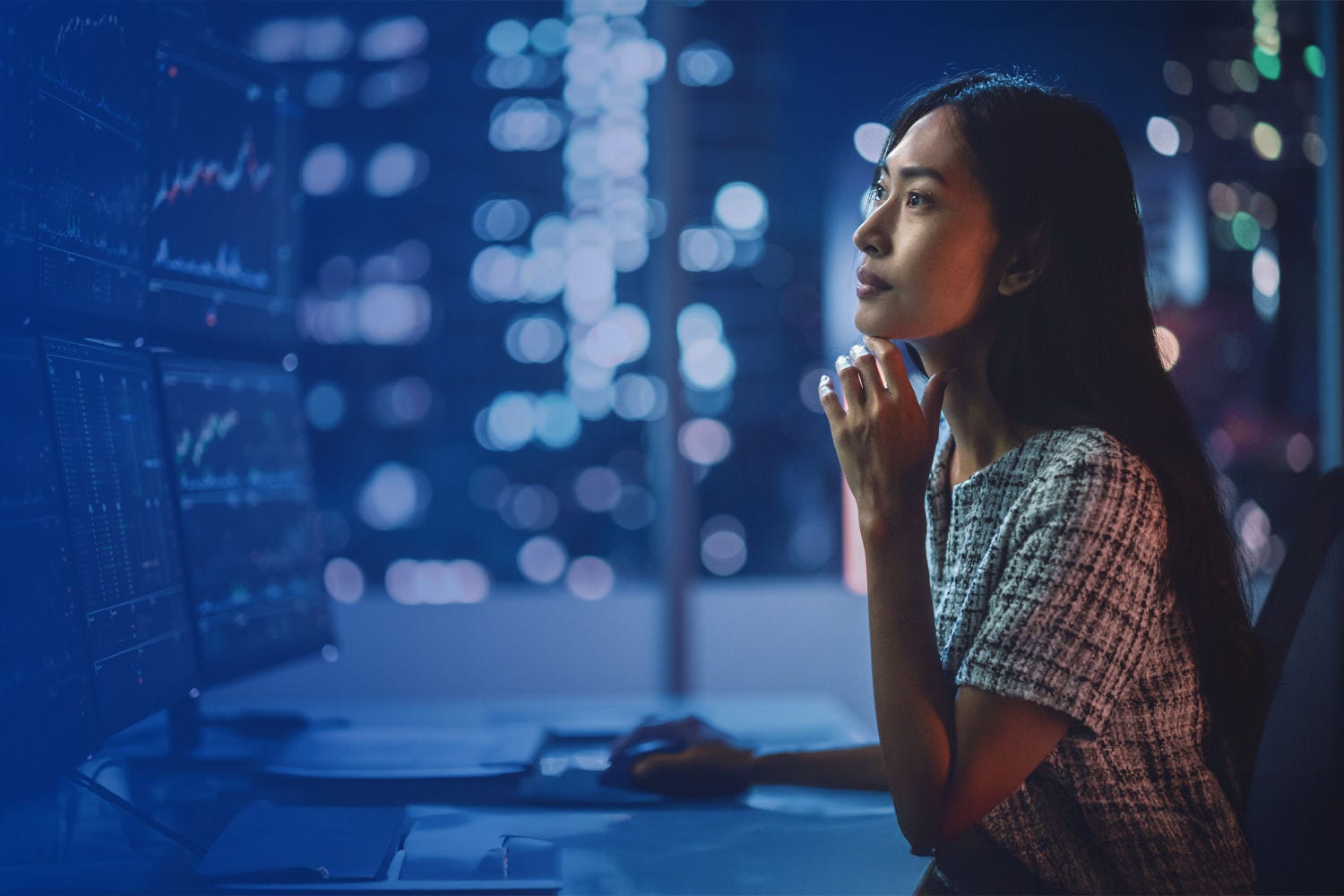 Girl looking at the graphs and charts