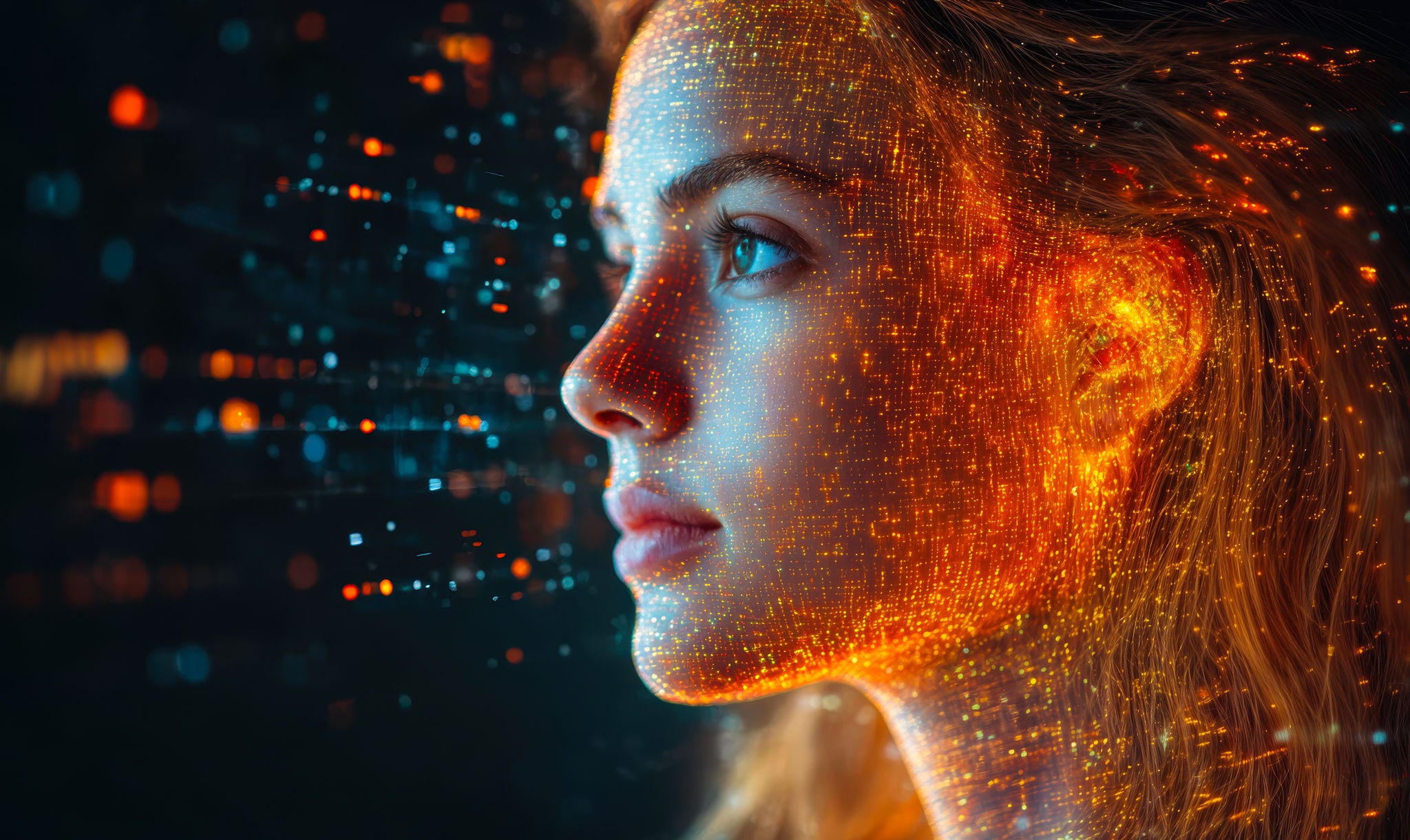 Profile of young woman with digital futuristic orange and blue light particles overlay representing artificial intelligence and technology innovation concept