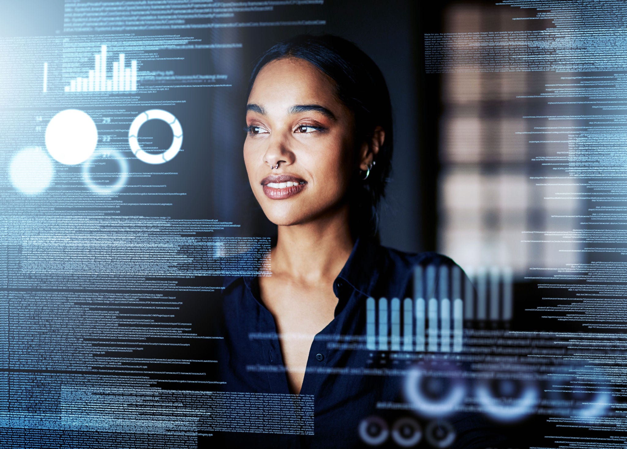 Digital, analytics and business of a woman working with big data, logistics and UX at the office at night. Futuristic, leader and designer in digital transformation at work with future technology
