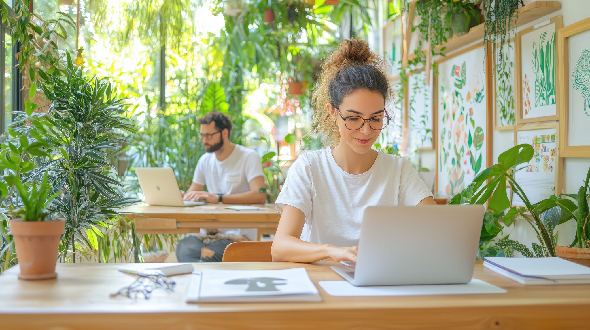 Young professionals working with laptops in a sunny, green, plant-filled office