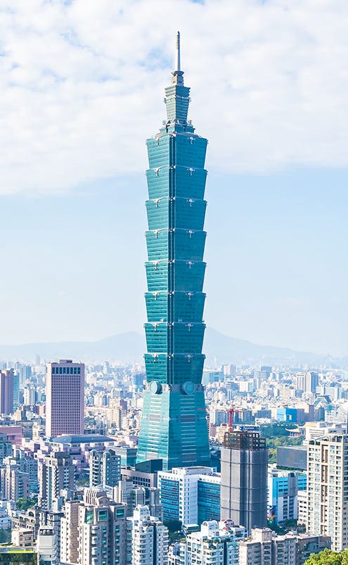 Beautiful landscape and cityscape of taipei 101 building and architecture in the city skyline with bluesky and white cloud at Taiwan