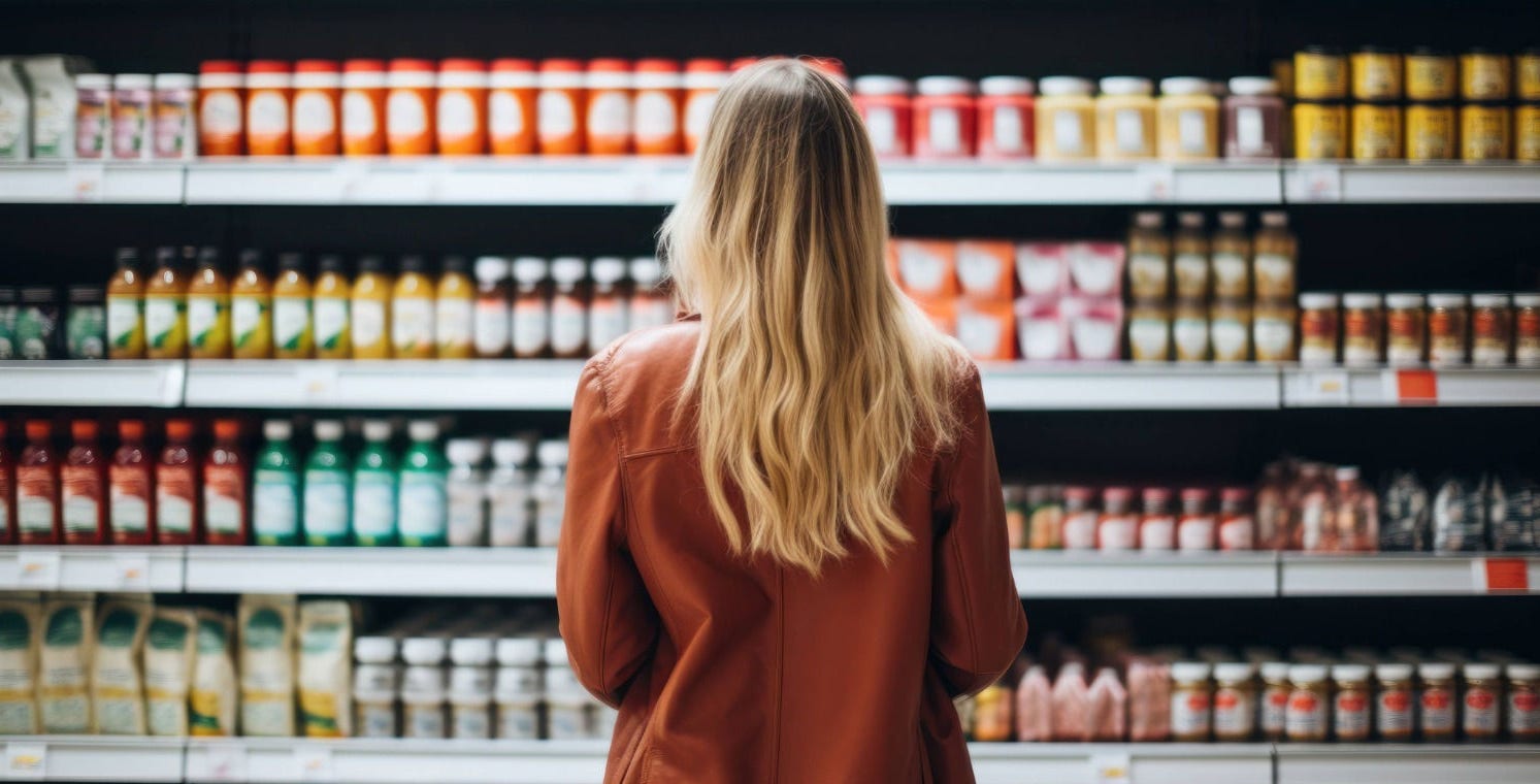 Person standing in a supermarket aisle facing shelves filled with bottles and packaged goods