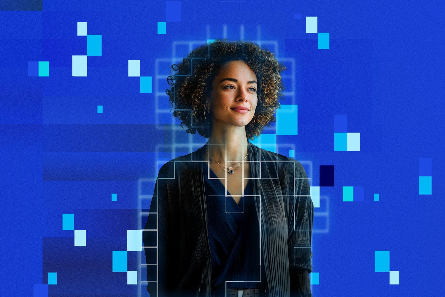 Woman smiling with blue digital rectangles overlay