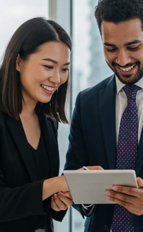 Two happy professional business people team Asian woman and Latin man workers working using digital tablet tech discussing financial market data standing at corporate office meeting.