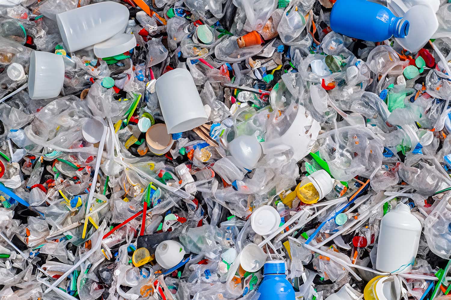 Top view of plastic and other waste, highlighting environmental issues. Recycling and waste management