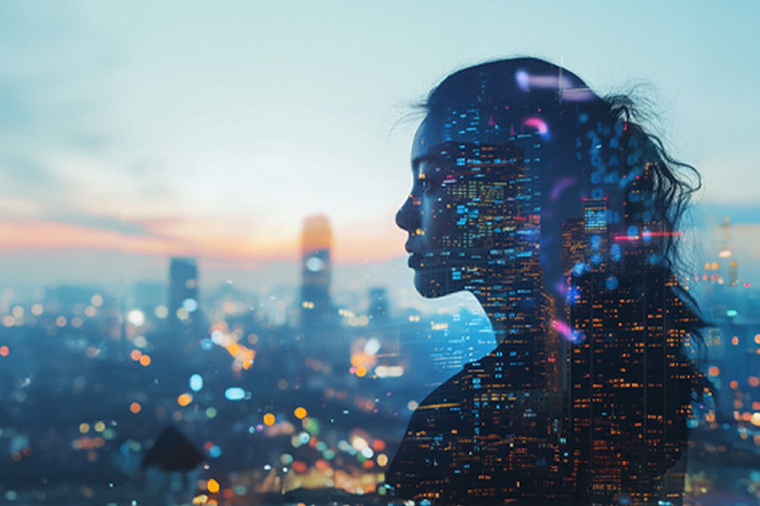 Woman looking out window to city