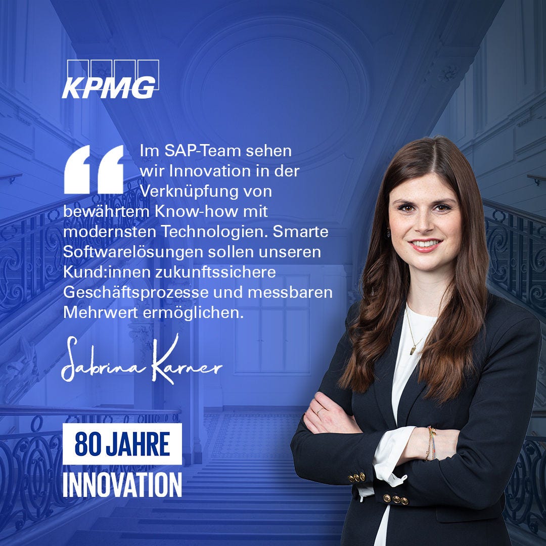 Frau mit verschränkten Armen, Zitat; „80 Jahre Innovation“, blaues Corporate Design