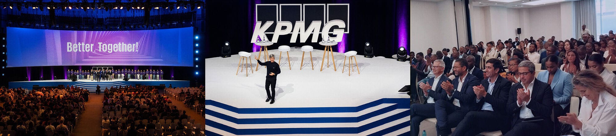 Três fotografias de evento da KPMG. A primeira lê-se "Better Together" no ecrã. Na segunda vê-se o CEO Vitor Ribeirinho a discursar e na terceira o público a aplaudir.