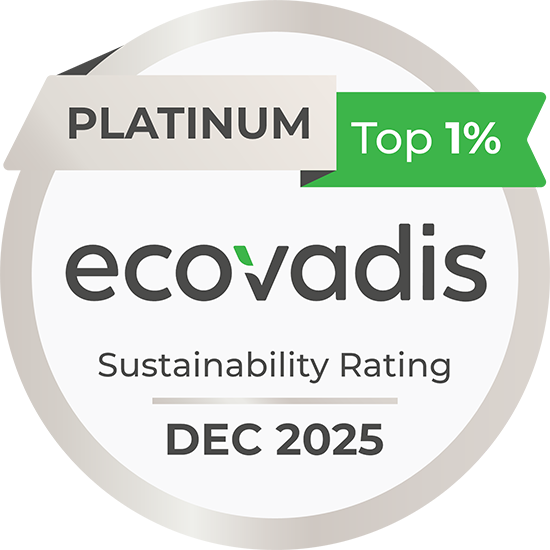 Badge de certification EcoVadis indiquant la note Platinum, Top 1 %, Sustainability Rating, daté DEC 2025. Visuel signalant une distinction de performance RSE EcoVadis au plus haut niveau.