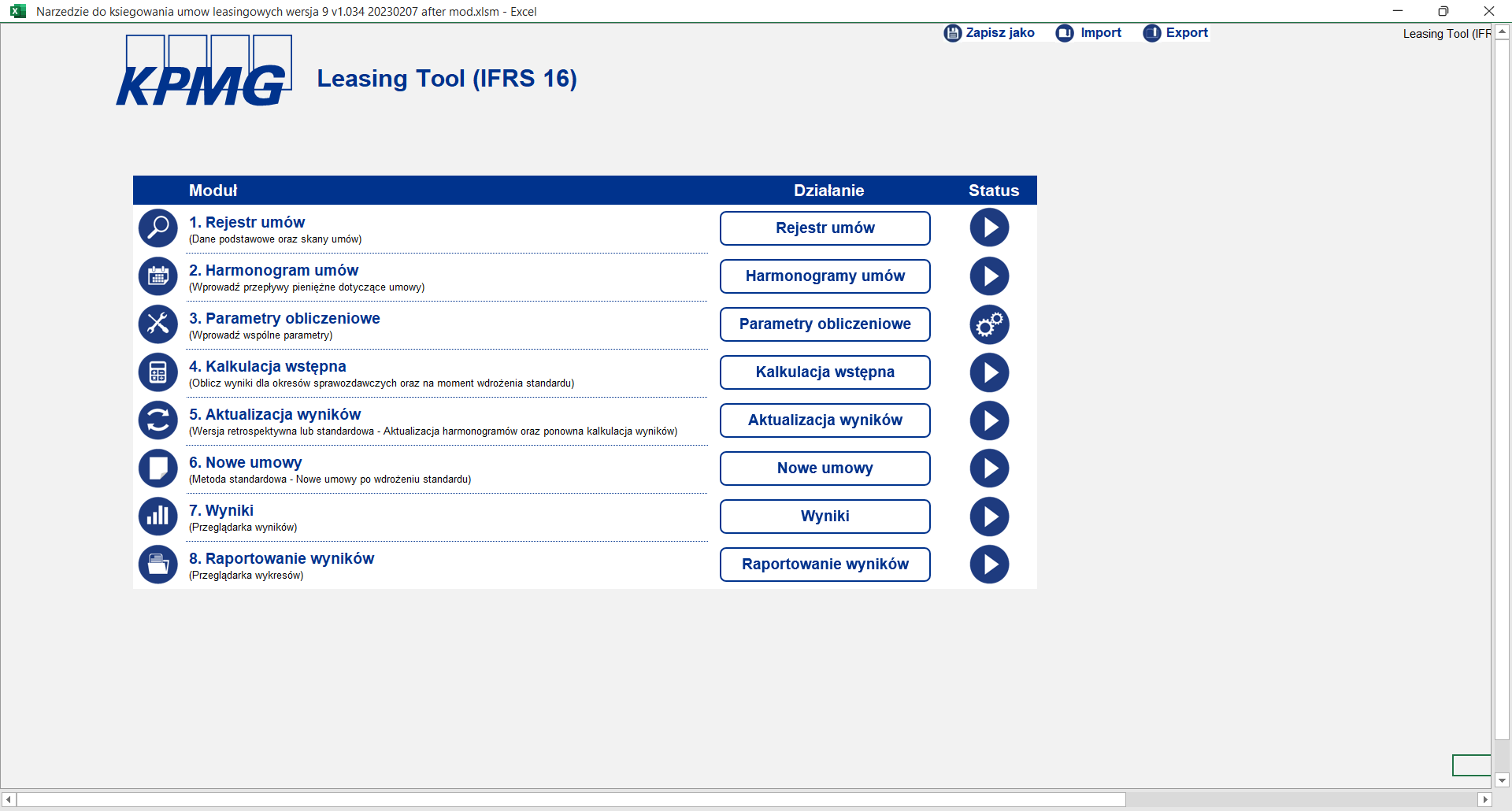 Ekran przedstawiajacy aplikacje w MS Excel do księgowania umów leasingowych