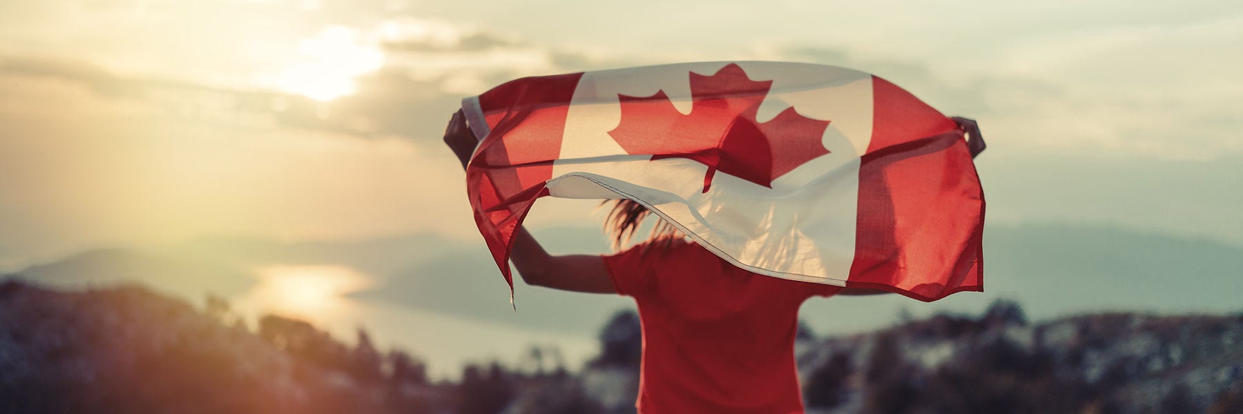Person holding canada flag above head