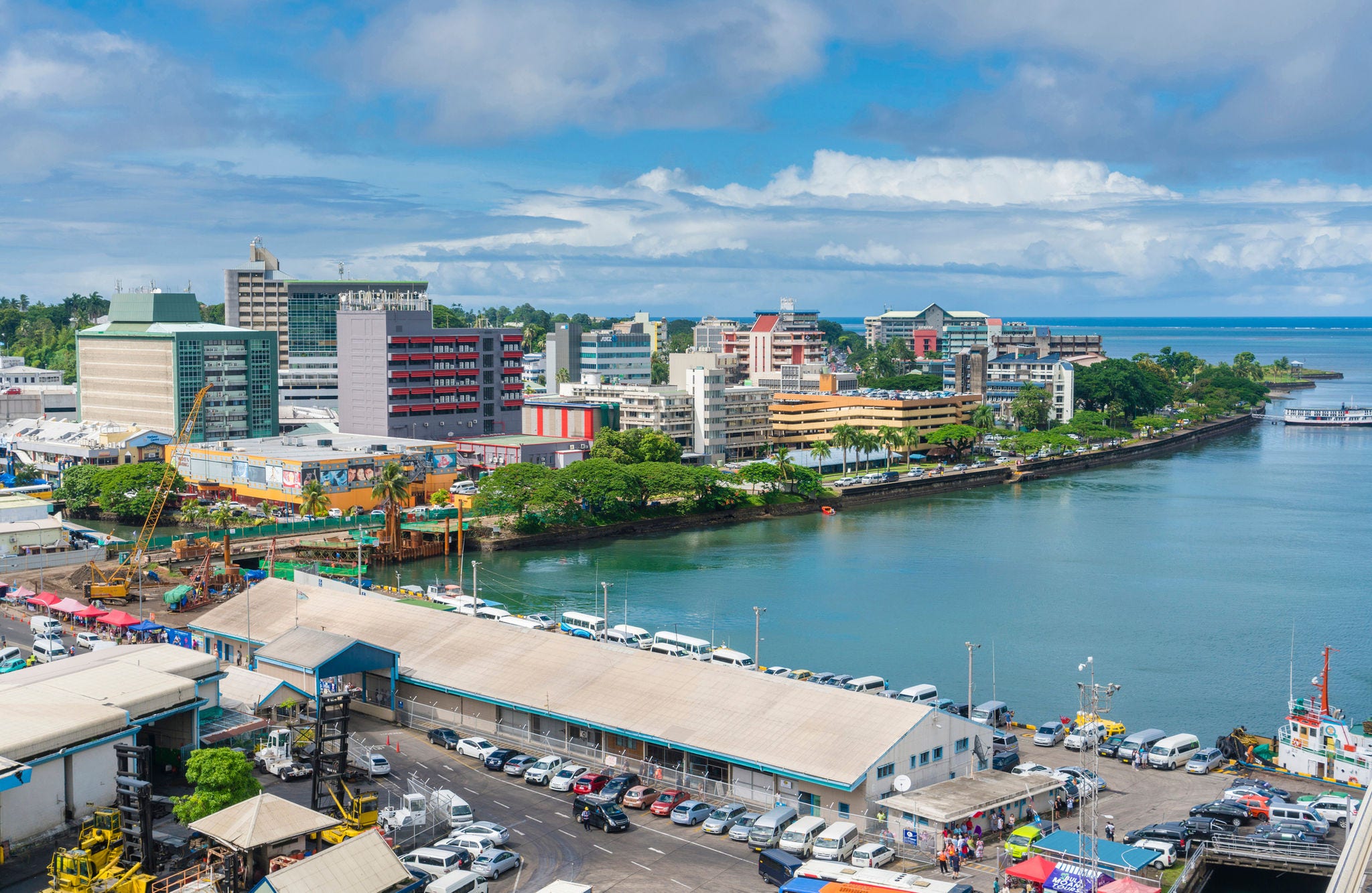 View of the city centre of Suva, the capital city of Fiji and Suva Harbour