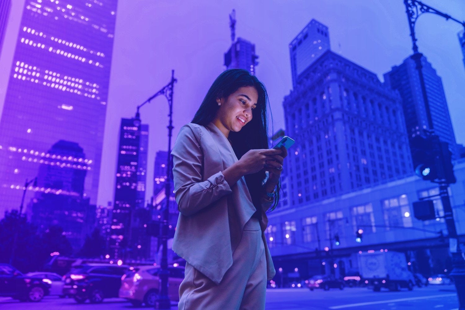 Woman using phone on street overlay