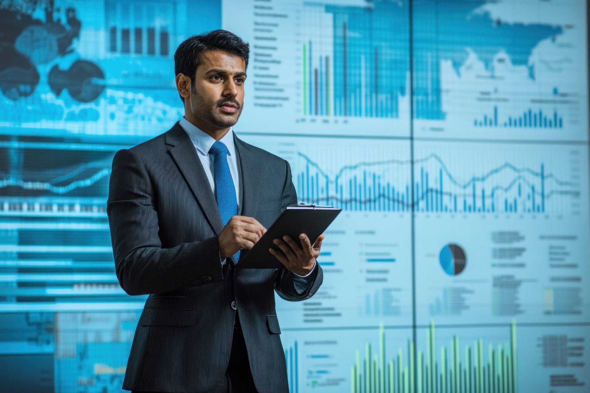 An Indian business leader giving a presentation with growth charts and projections, showcasing successful business expansion and future growth in India