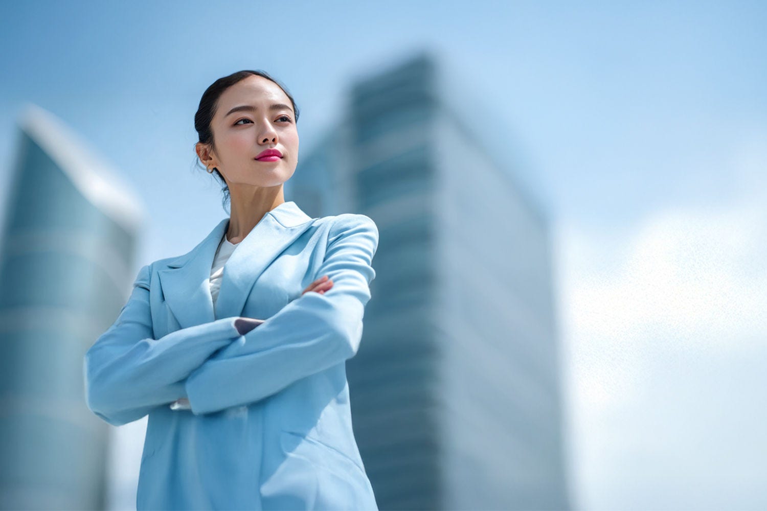 Woman with her arms crossed, wearing a blue suit