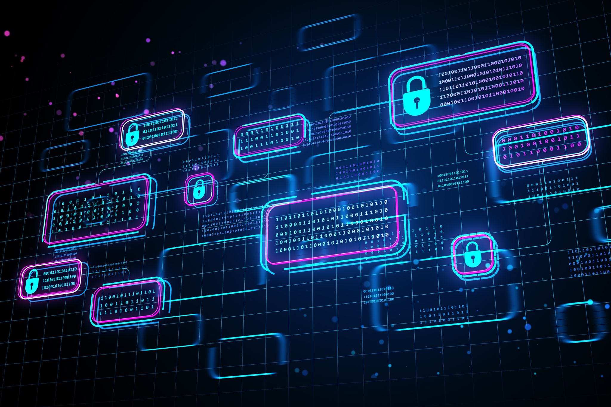 Digital locks and binary code floating on a futuristic grid backdrop, illustrating the concept of cybersecurity and data protection. 3D Rendering