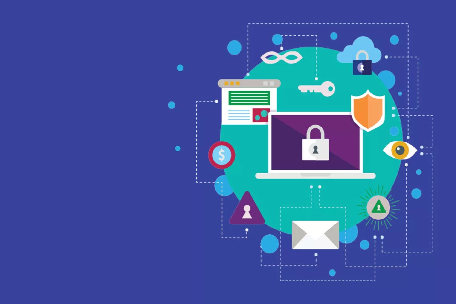 Imagem ilutrativa de privacidade digital com simbolos de fechadura, chave, browser, portátil, segurança, dinheiro, carta, cloud e visão