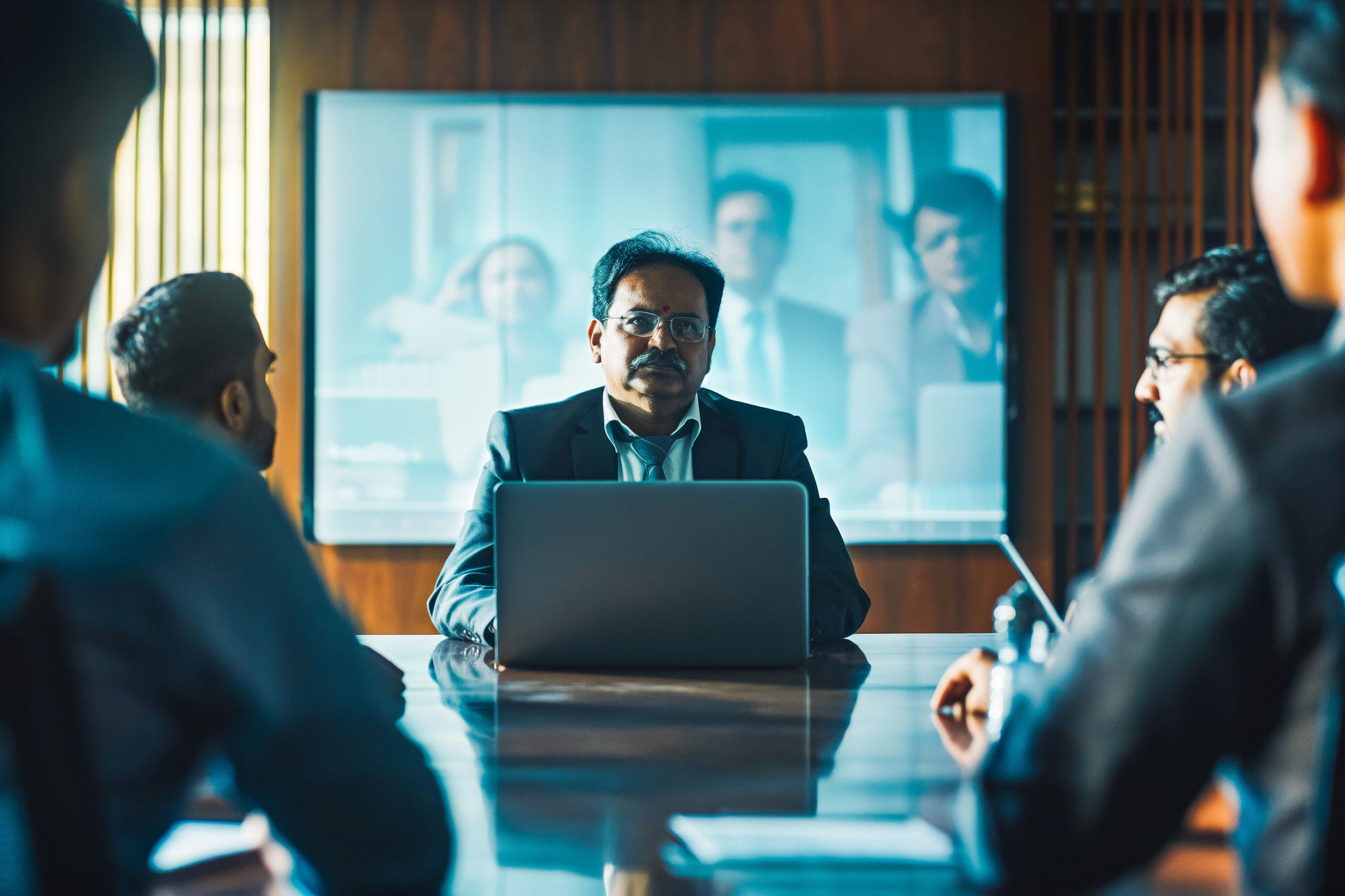 Cinematic Footage of a Successful Indian CEO Making a Presentation on a Laptop to a Board of Directors During a Corporate Meeting. South Asian Business Partners Discussing International Markets