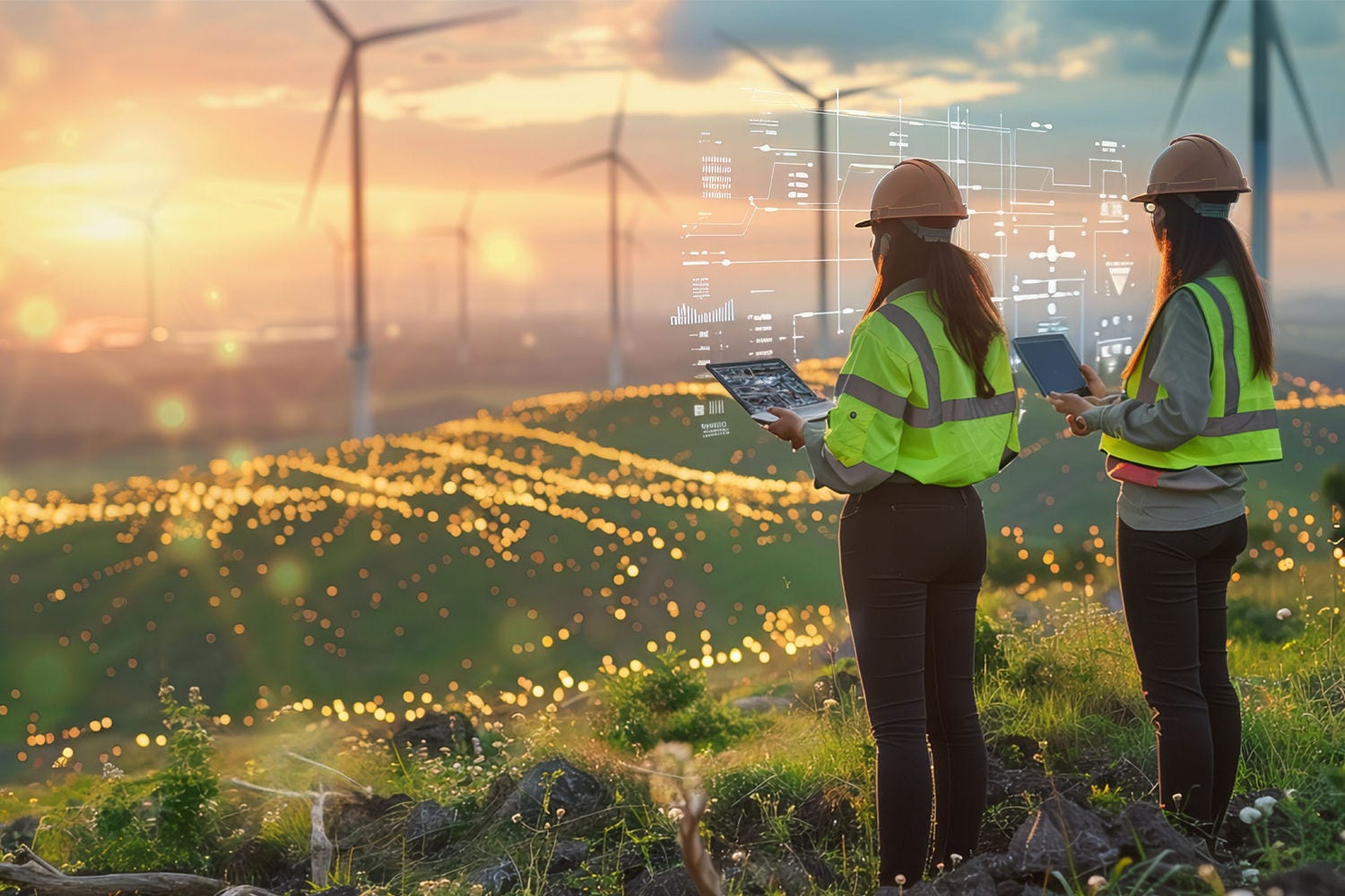 A team of renewable energy engineers working amidst a landscape dotted with wind turbines and solar panels. consulting data on laptop with holographic analytics floating in the air. Generative AI.