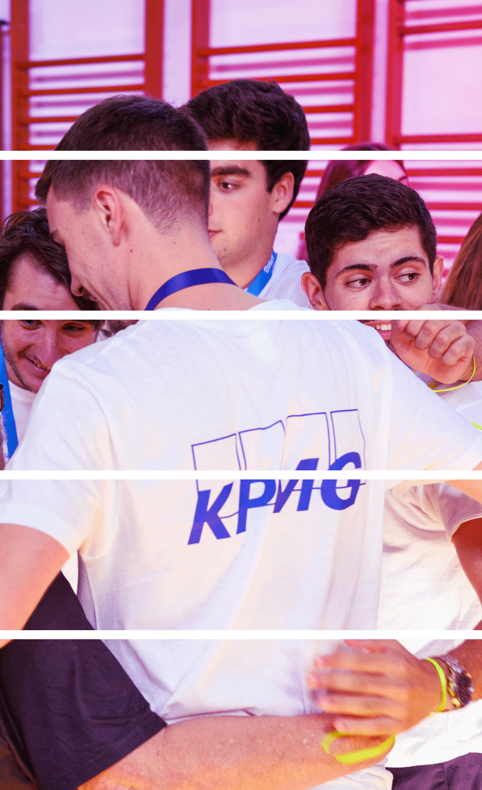 Colleagues embracing each other in a group during a moment of leisure