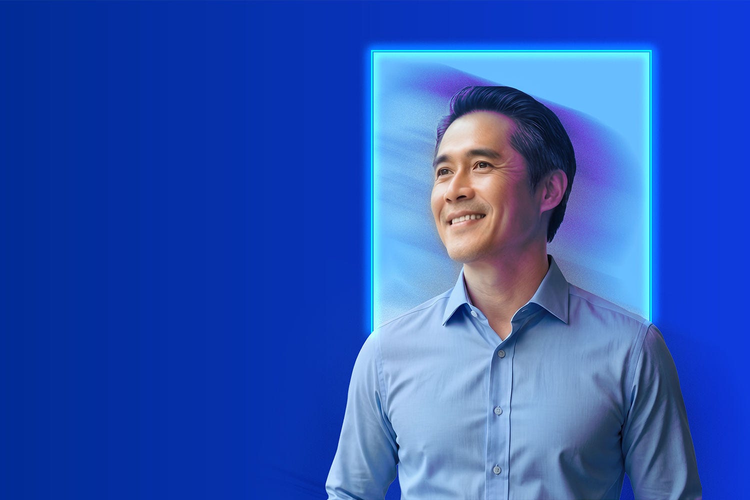 Professional portrait against a digital themed background