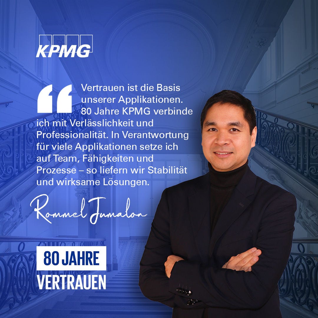 Porträt einer Person in dunkler Businesskleidung vor blauem KPMG-Hintergrund. Zitat über Vertrauen als Basis von Zusammenarbeit, Verantwortung und Prozessqualität. Unten steht: „80 Jahre Vertrauen“.