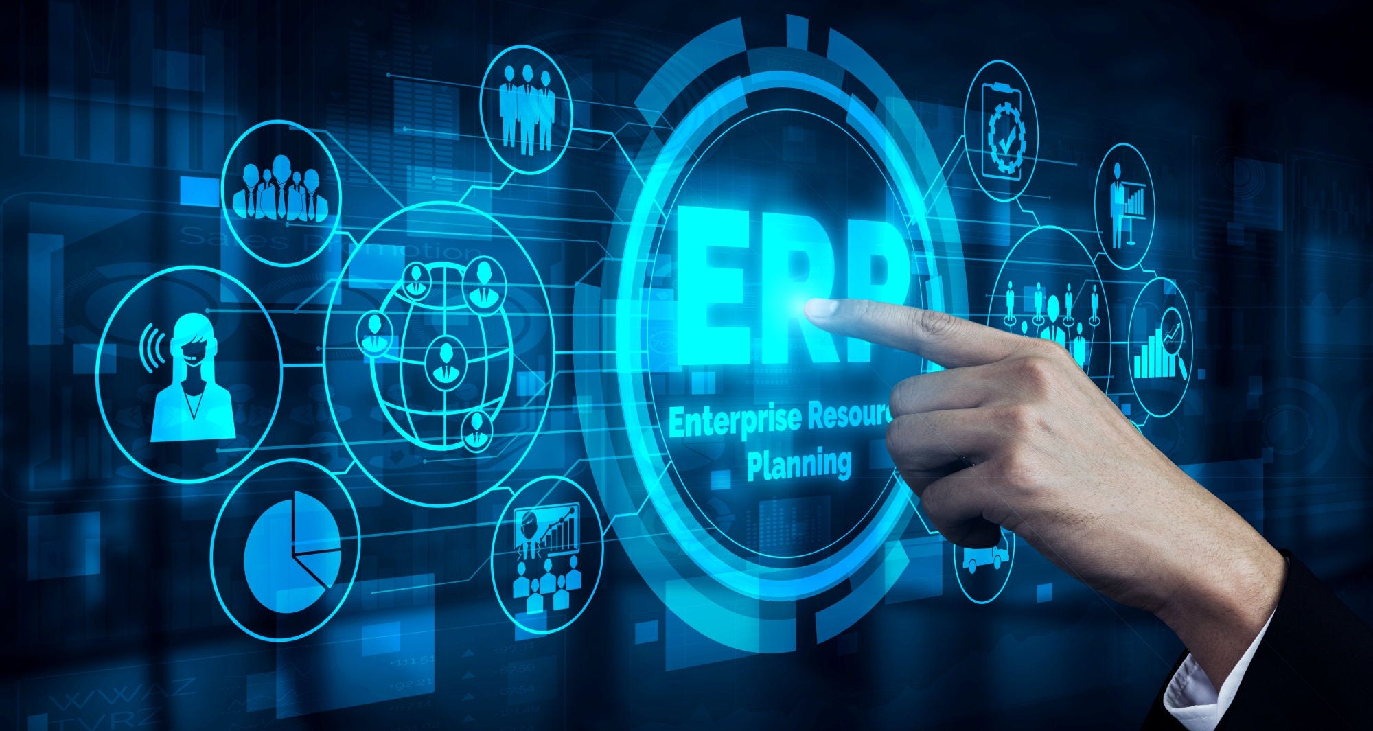 Enterprise Resource Management ERP software system for business resources plan presented in modern graphic interface showing future technology to manage company enterprise resource.