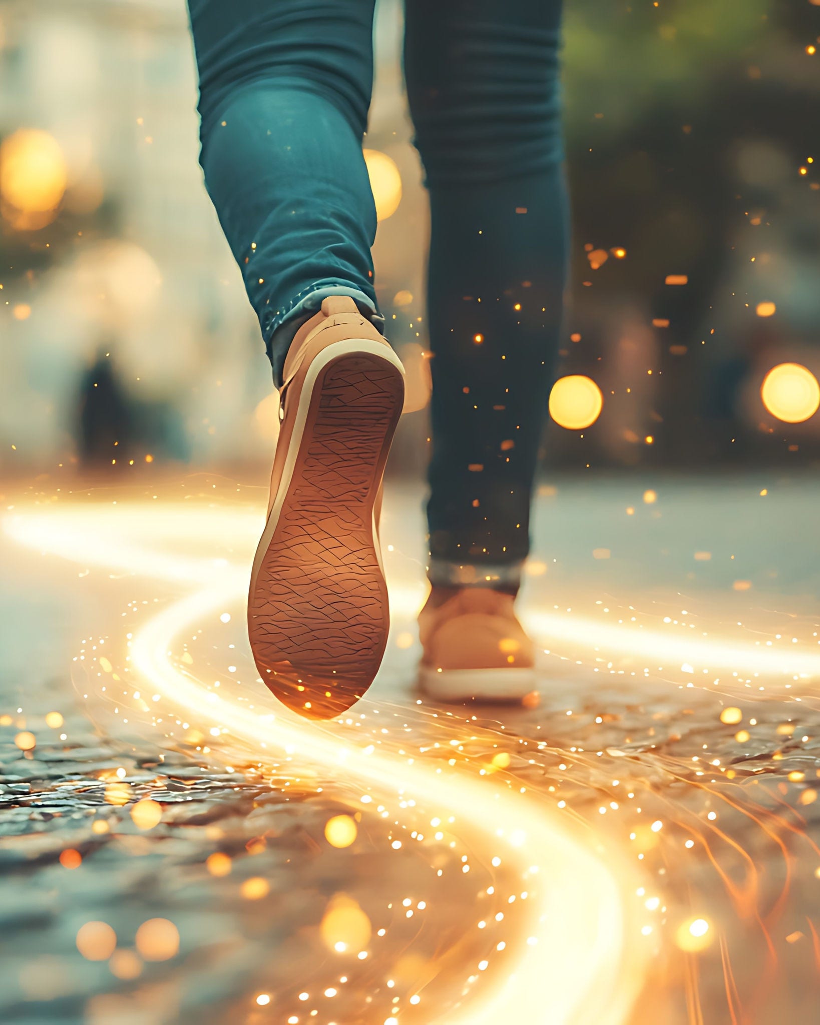 A person is walking on a street with a line of light behind them