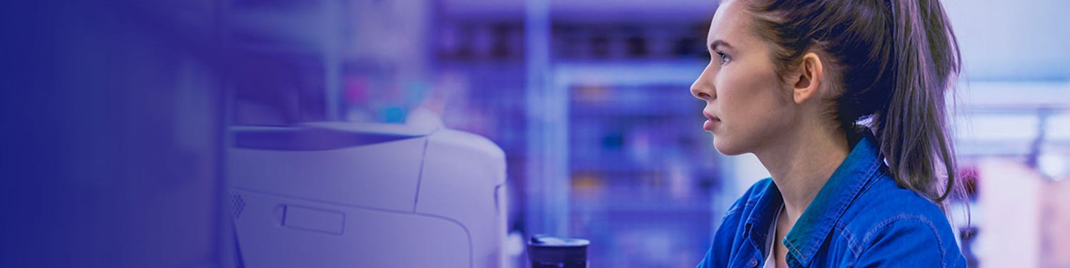 Woman working on computer market