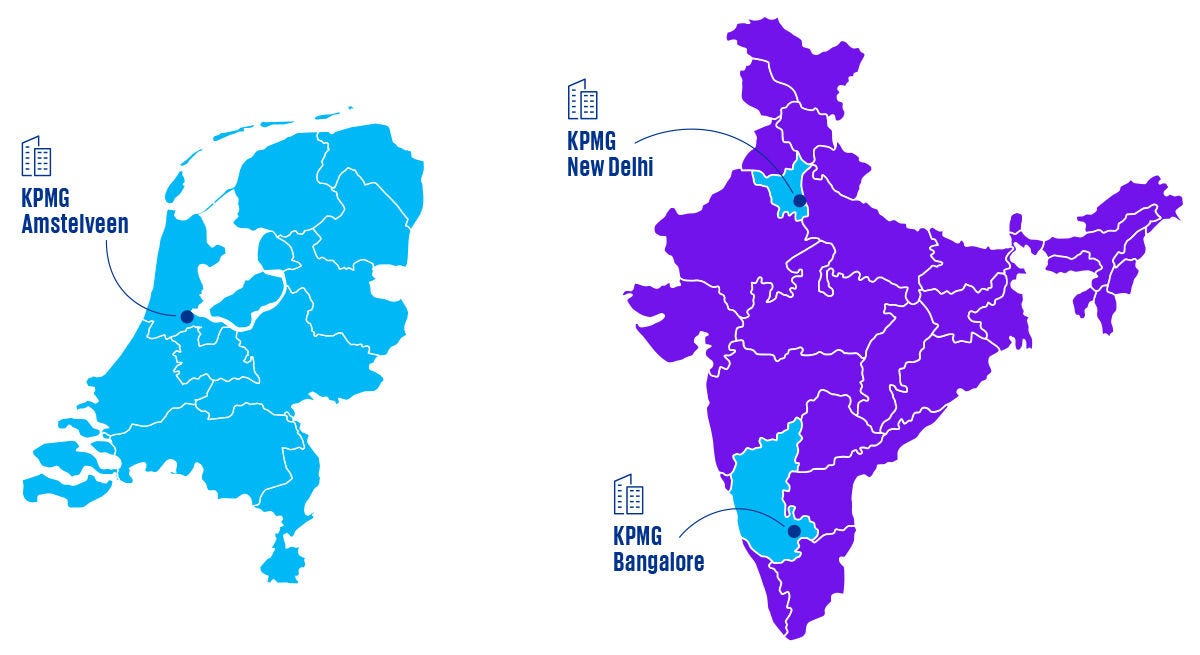 Image Showing offices in the Netherlands (Amstelveen) and Inda (New Delhi and Bangalore).