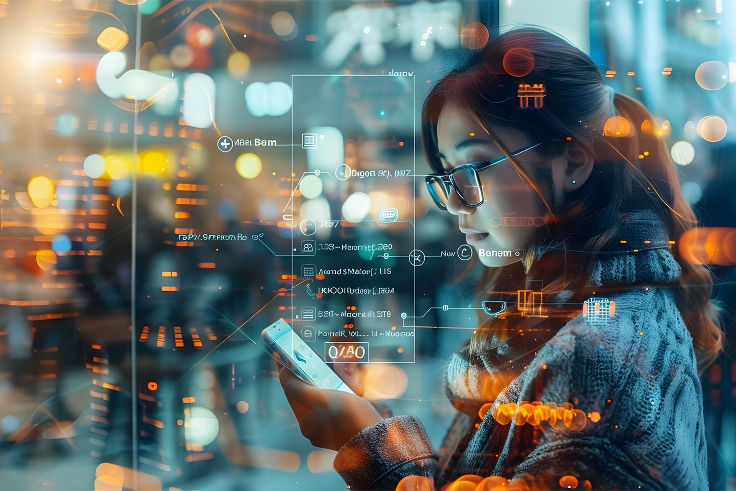 woman with glasses in digital space woman with glasses in digital space banner