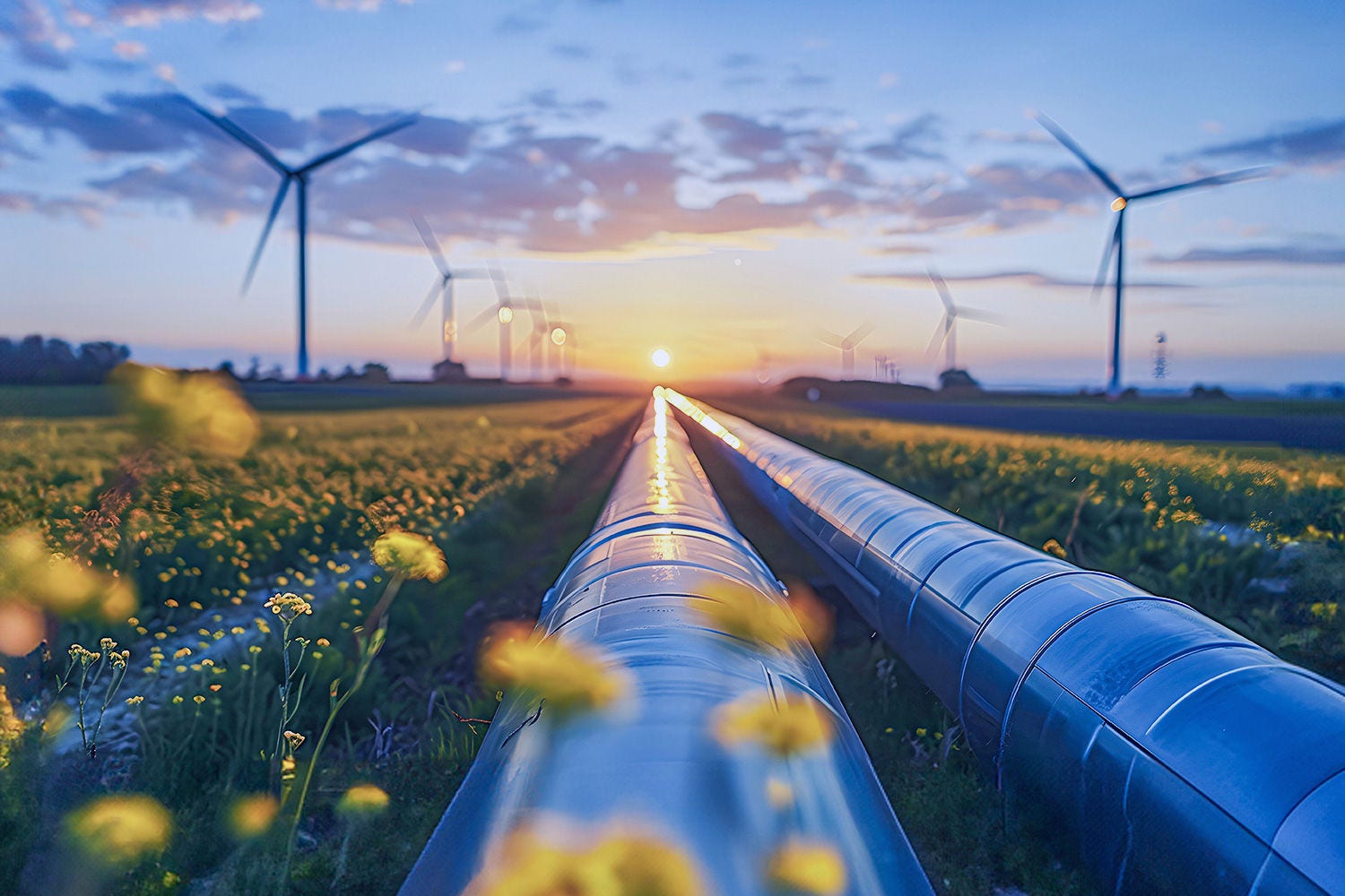 Pipeline in field with wind turbines