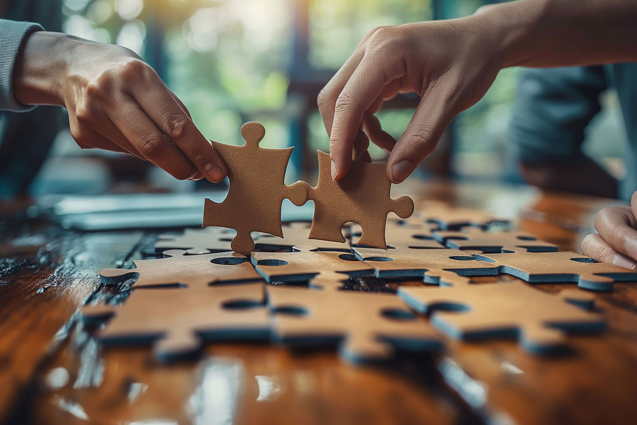 Company employees playing game and joining pieces of jigsaw puzzle during team building activity