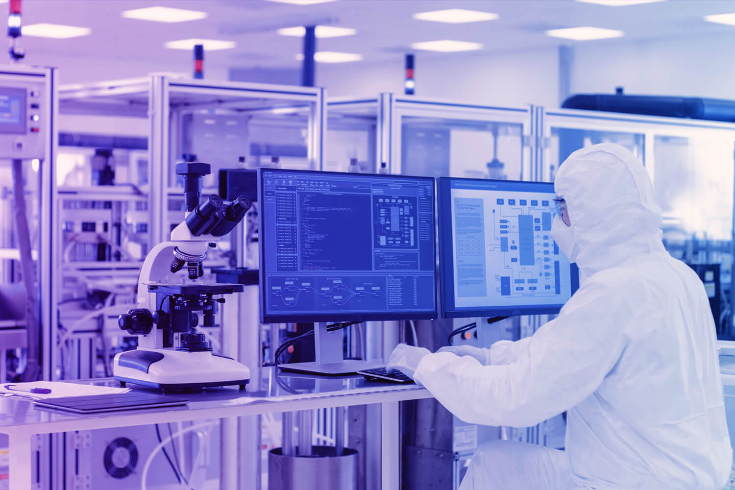 In Laboratory Over the Shoulder View of Scientist in Protective Clothes Doing Research