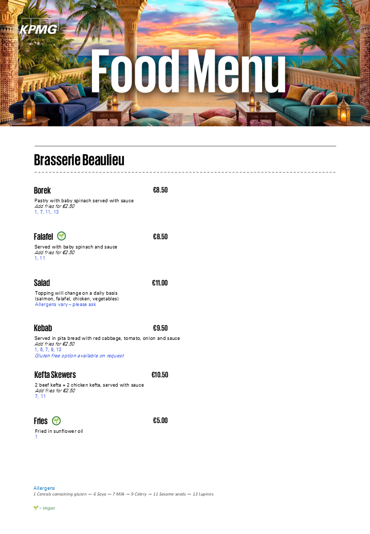Food menu plage 2026