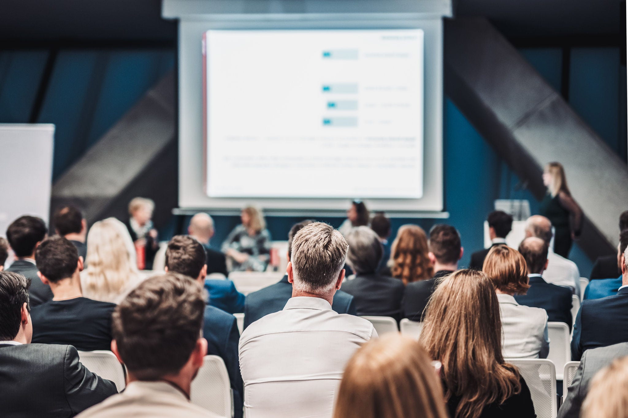 Round table discussion at business conference meeting event.. Audience at the conference hall. Business and entrepreneurship symposium