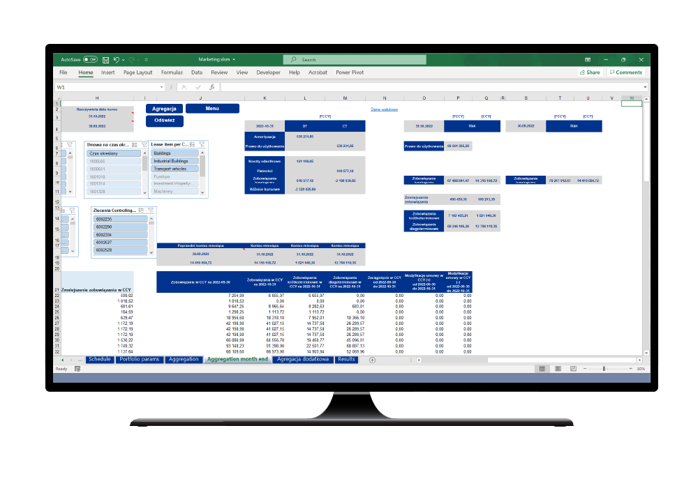 laptop z otwartą aplikacją w MS Excel do księgowania umów leasingowych