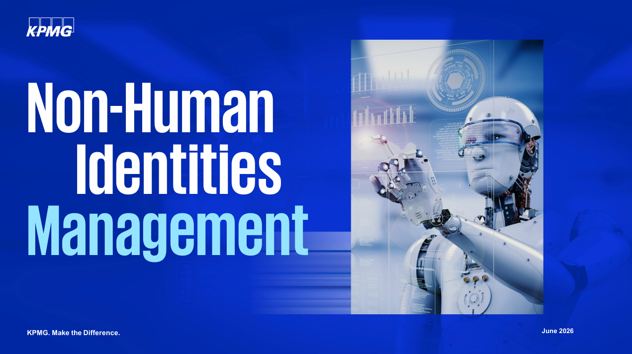 KPMG-Titelbild: Schriftzug „Non‑Human Identities Management“ neben humanoidem Roboter mit digitalen Diagrammen.