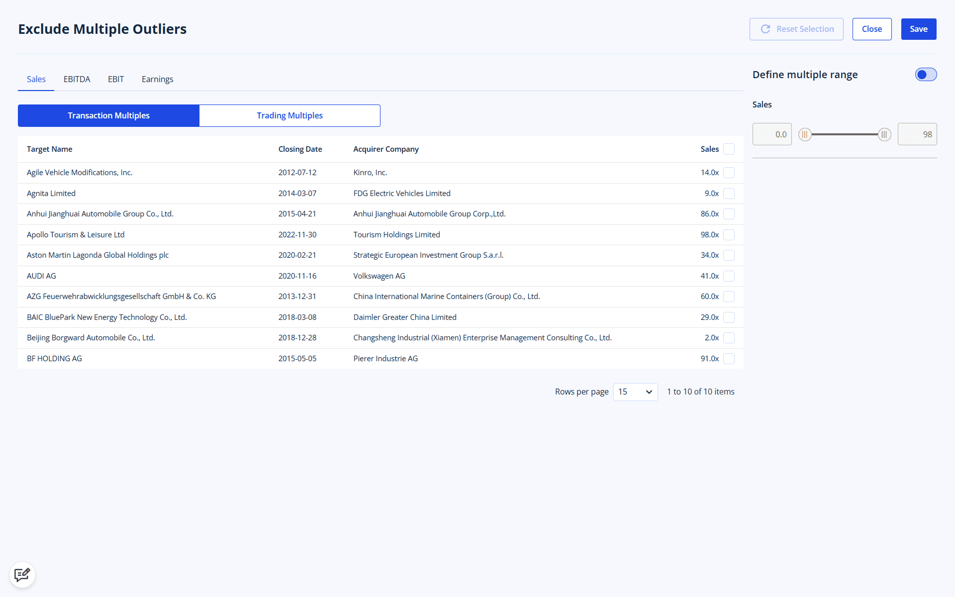 Option to exclude outliers from trading and transaction multiples