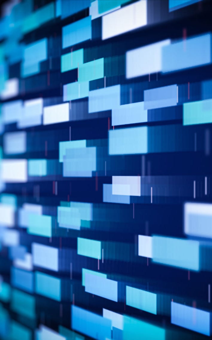 Abstract motion blur illustration of glowing blue and cyan data blocks streaming through a dark background. Represents digital communication, artificial intelligence, blockchain, or fast data transfer in a futuristic network environment.