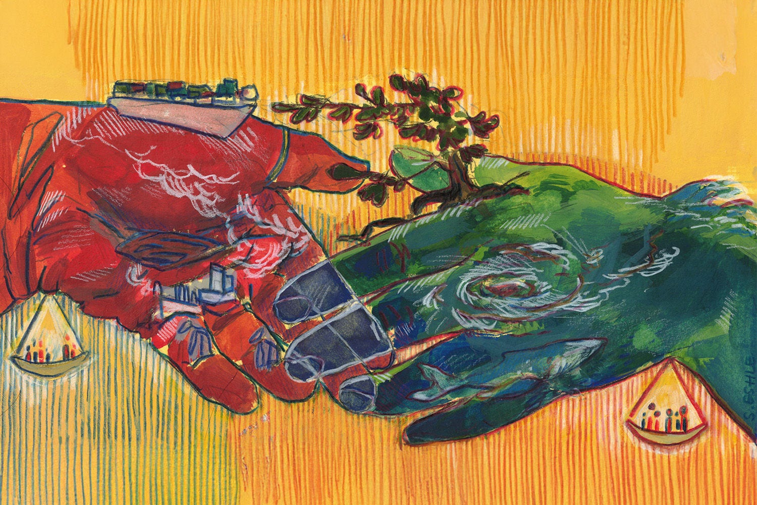 Book cover Building the Case: How Lawyers are Leading on Sustainability: Insights and Inspiration from leading Lawyers Across North America - painting of two hands